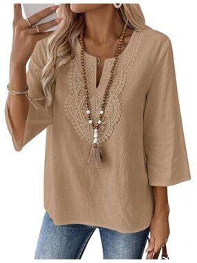 Womens Cotton Linen Blouse V Neck Lace Tunic Top 34 Sleeve Loose Fit Shirt